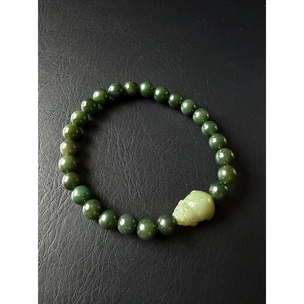 Natural Jade Pixiu Bracelet Dark Green Jade Beads 7mmWealth Protection 16cm